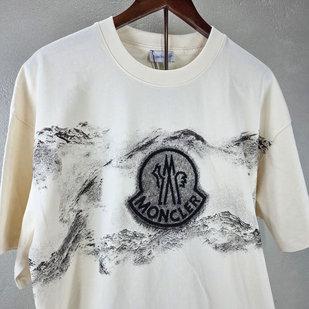 Moncler Mountain Logo Graphic T Shirt Ivory Cream H5058 NWT Sz Medium